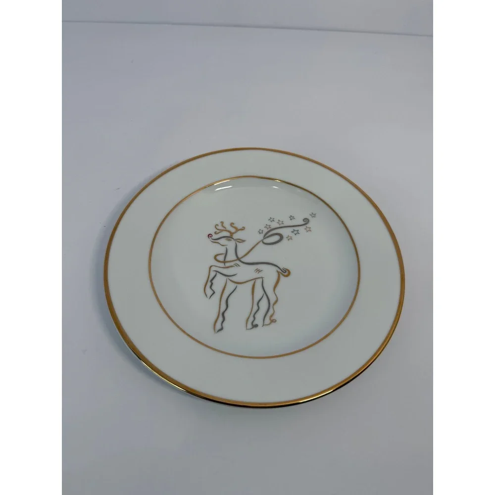 Rudolph Co Christmas Reindeer Appetizer Plates Gold White Set of 8 8 inch